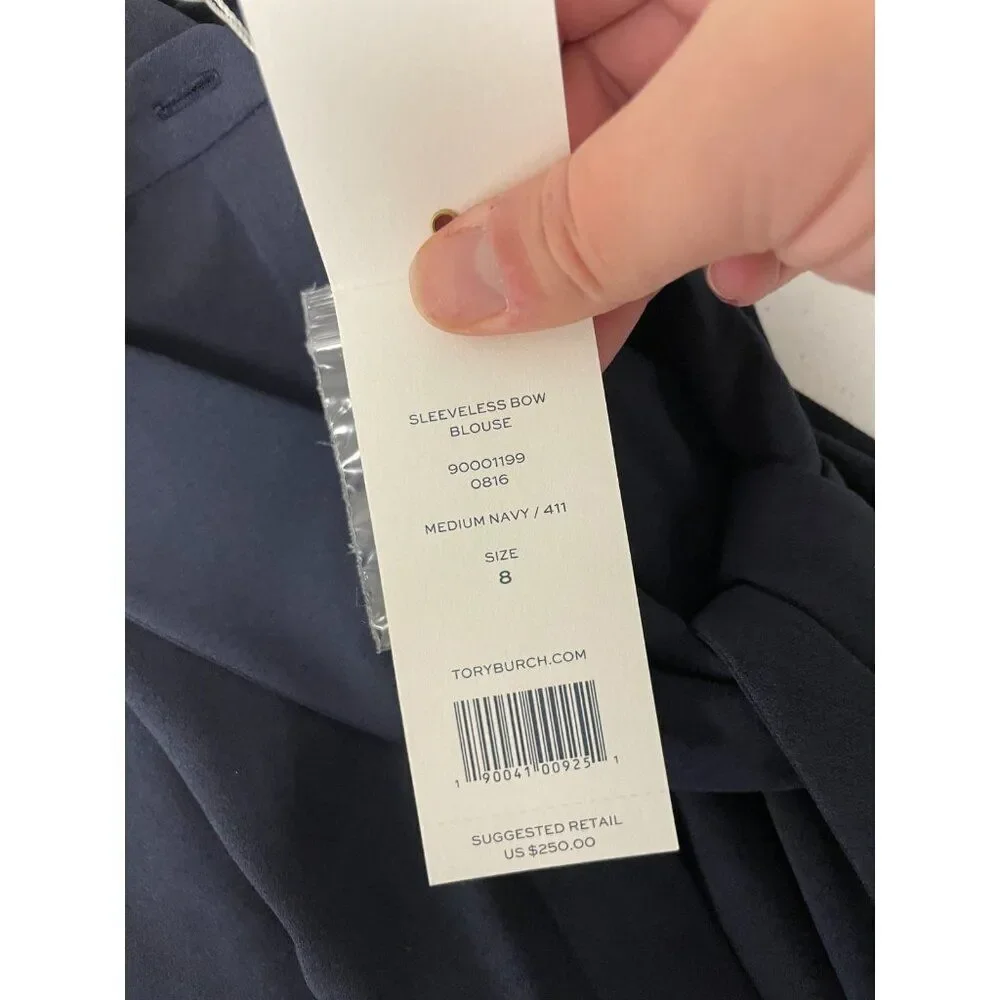 Tory Burch Womens Shirt Top sz 8 Navy Blue Sleeveless Bow Blouse 90001199 NWT